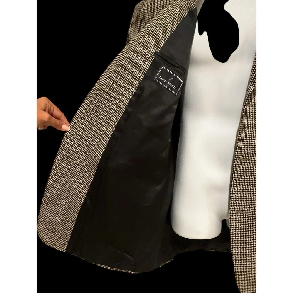 Daniel Hechter Men's Blazer Jacket Brown Black Houndstooth Wool 44L Long Vintage